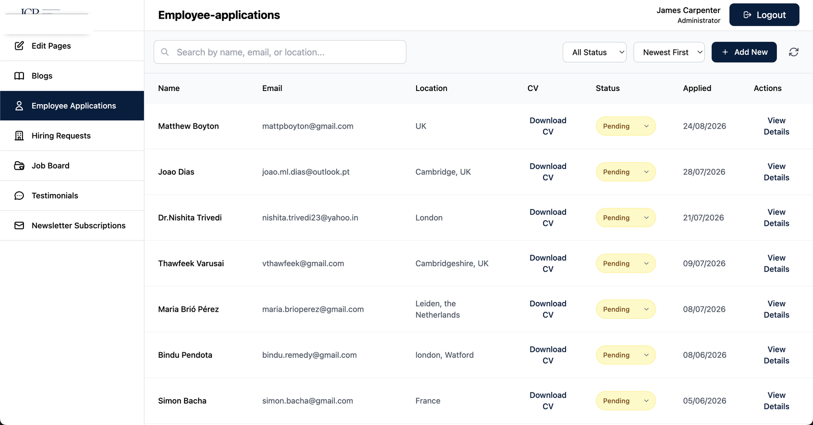 JCR Pharma admin — candidate applications with CV download and status