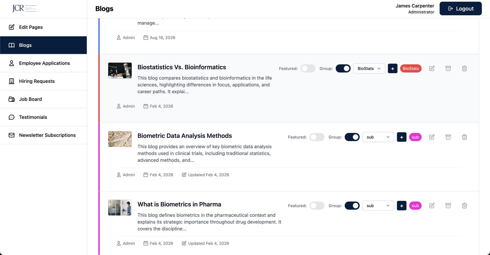 JCR Pharma admin — blog management with featured and group toggles