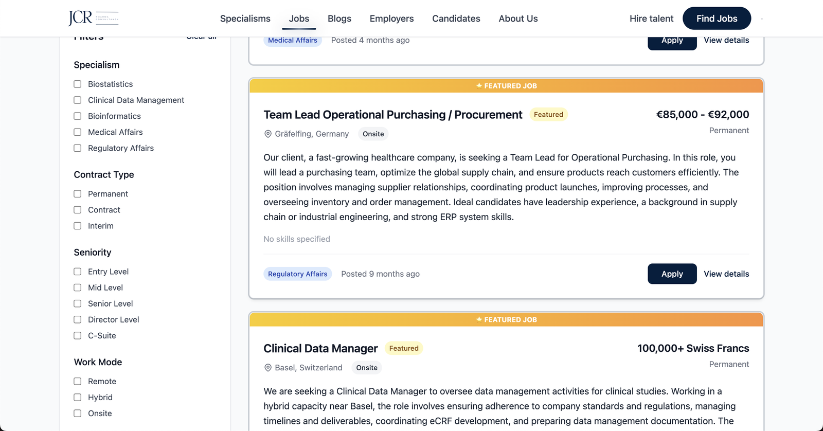 JCR Pharma job search with specialism, contract, seniority and work-mode filters