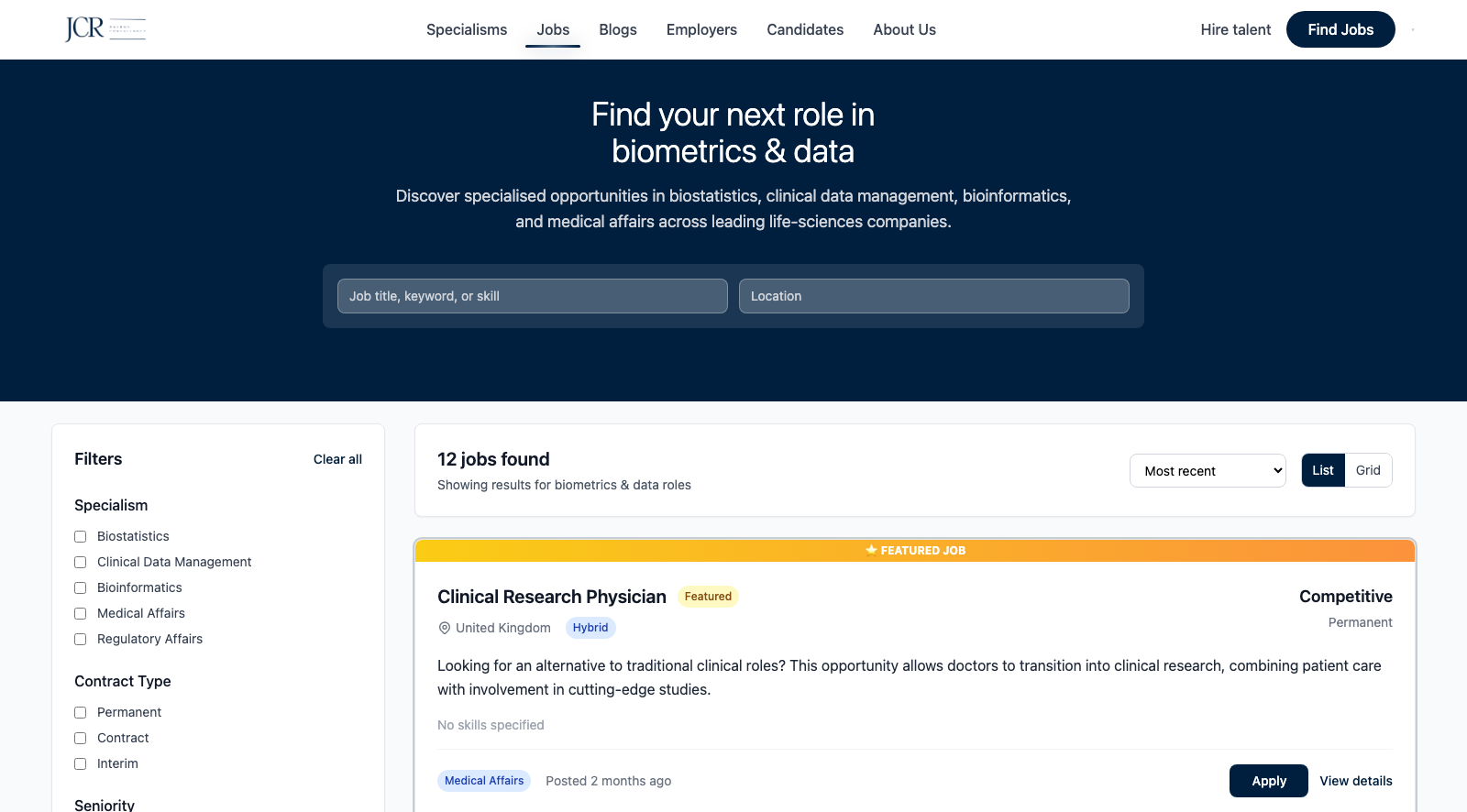 JCR Pharma job search and listings page