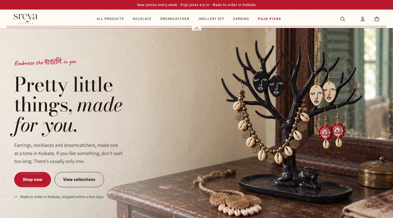 The Sreya Creates homepage — a custom Shopify storefront built by Pixel & Code
